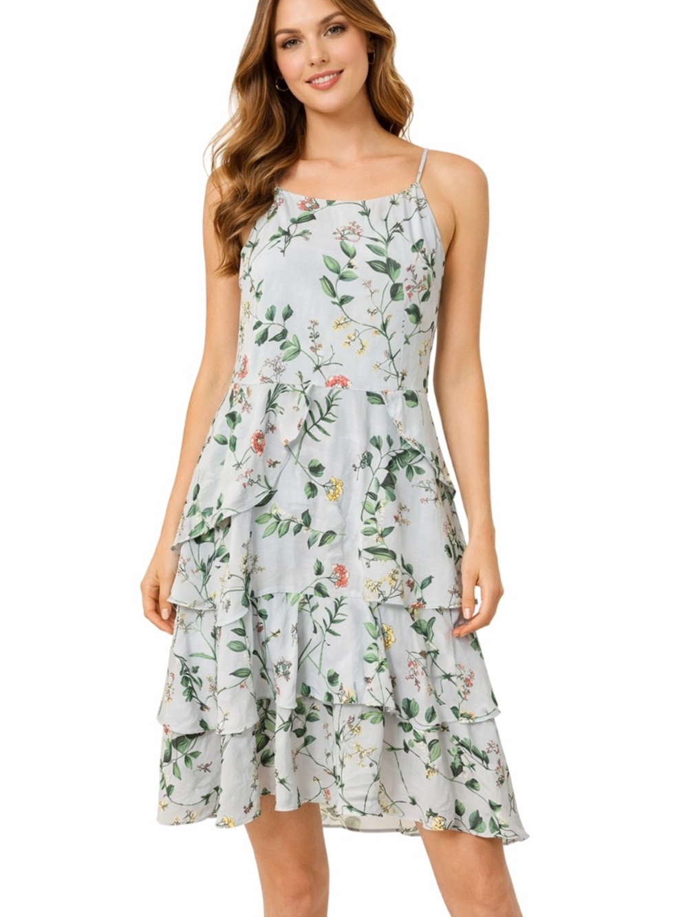 Banana Republic Light Blue Floral Tiered Spaghetti-Strap Dress